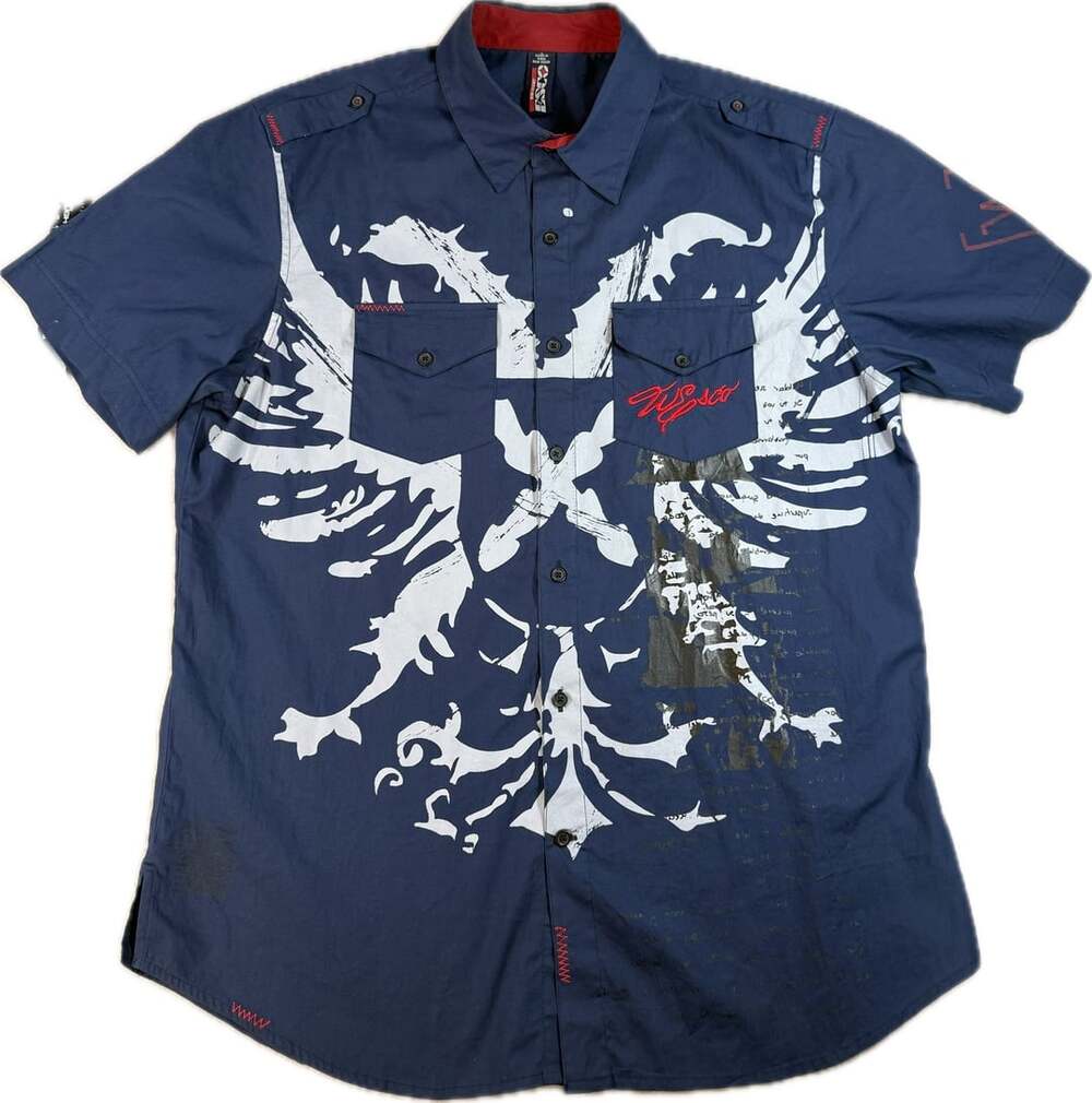 Willie Esco Mens Large Navy Eagle Graphic Button Down Shirt Streetwear Y2K